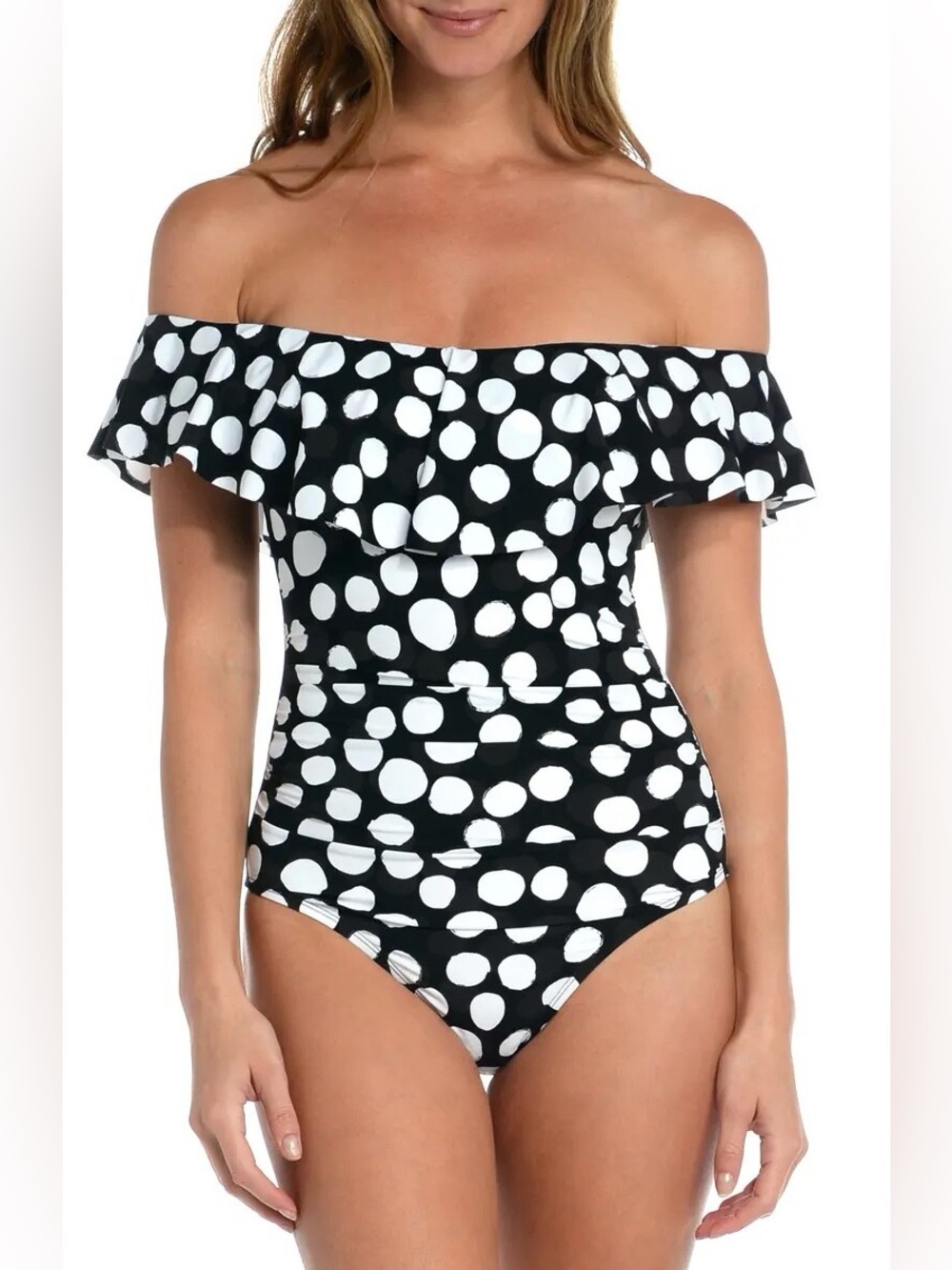 LA BLANCA women’s meet me in Ibiza polka dot runched slimming black white 8 - Picture 1 of 7